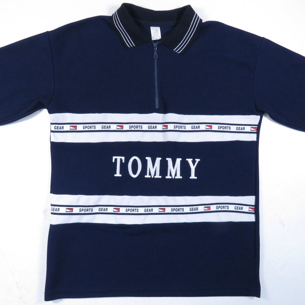 Vintage Tommy Hilfiger Sports Bootleg Spell Out Short Sleeve Polo 1/4 Zip Shirt